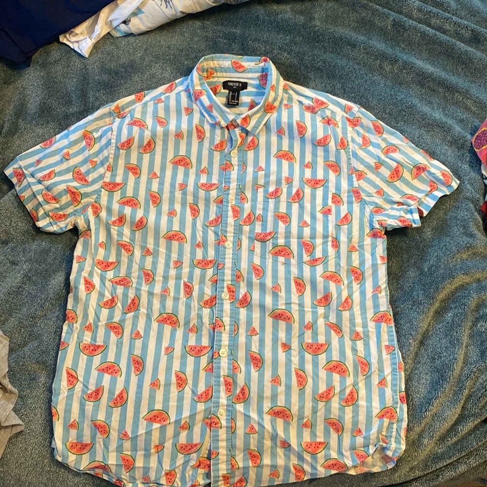 Forever 21 Large Short Sleeve Men’s Shirt, Blue & White Strip Watermelon Print